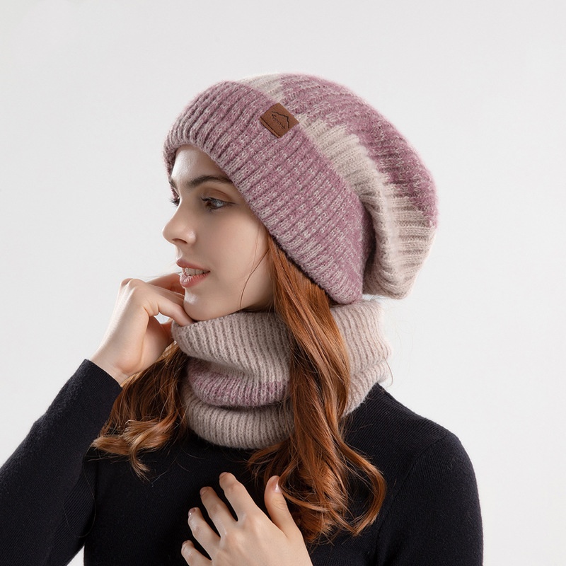 2pcs Knitted Hat Suit With Scarf Winter Two-color Hat And Thick Warm Earflaps Wool Scarf