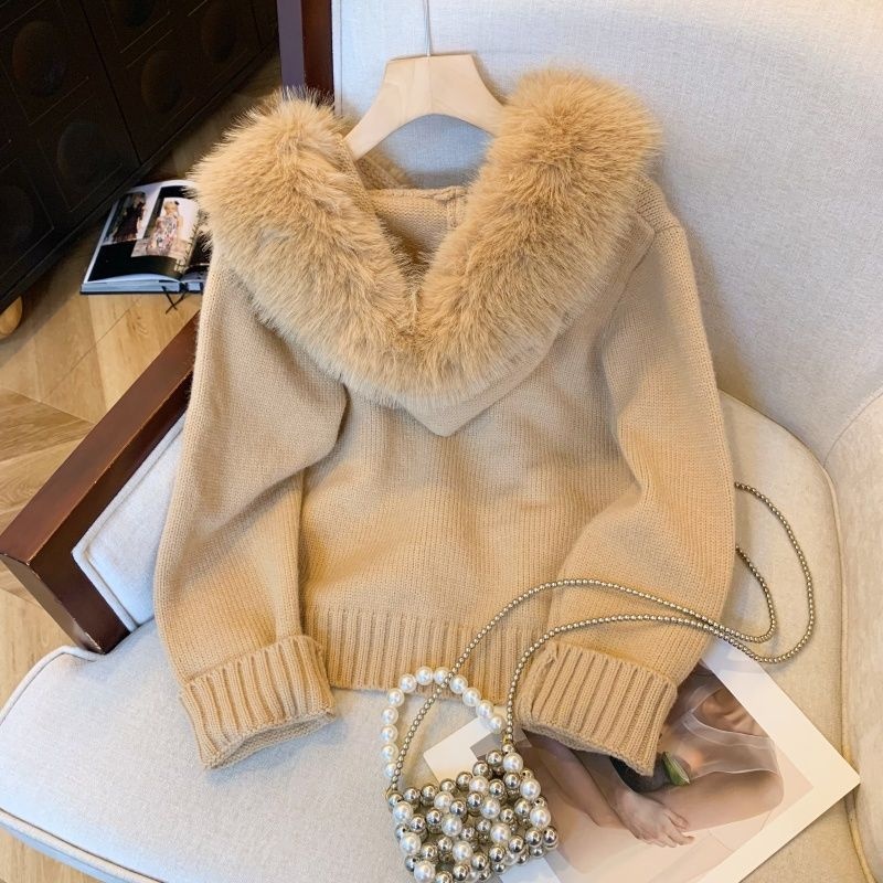 Double Zipper Fur Collar Stitching Design Sense Hooded Knit Cardigan