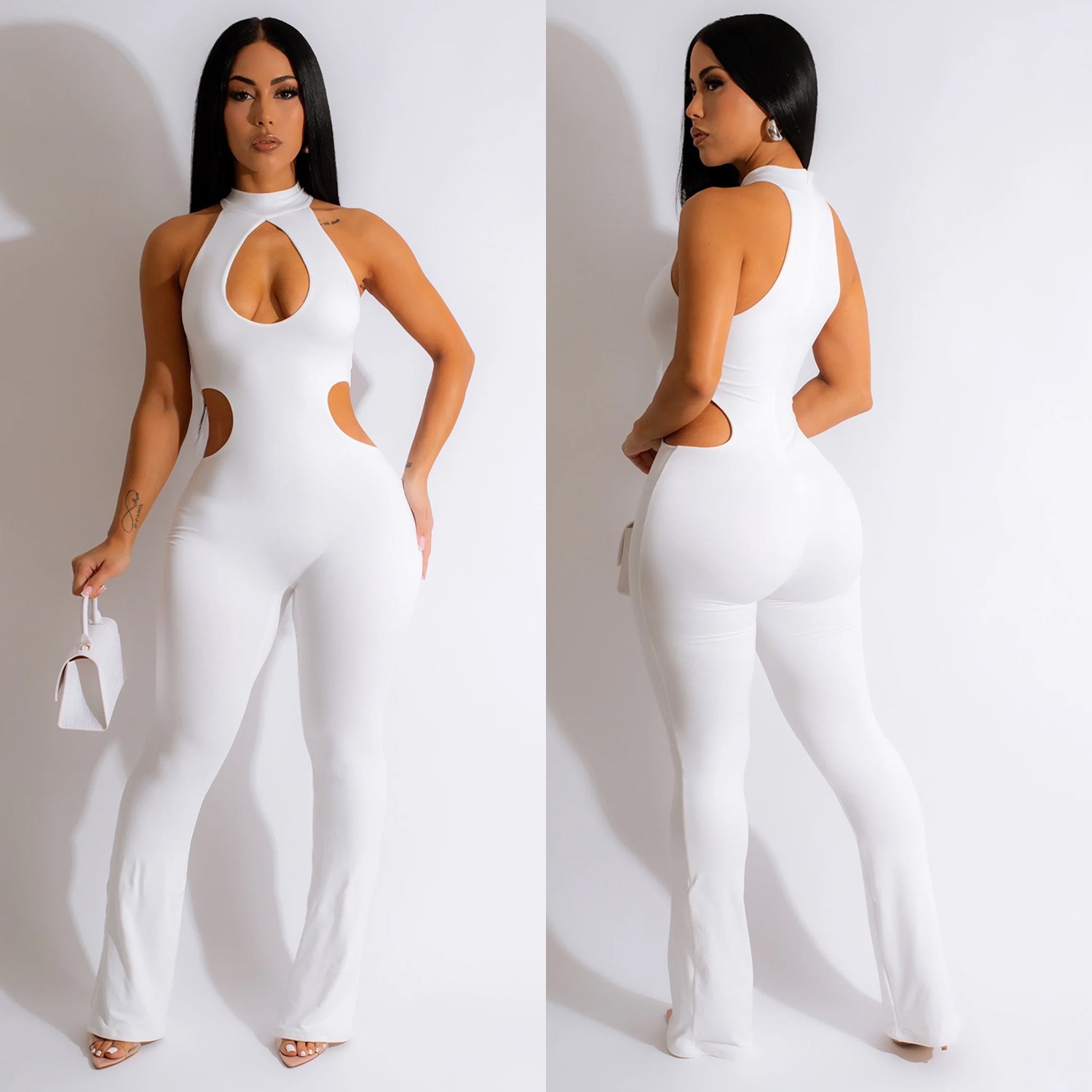 Women's Solid Color Sexy Halter Hollow-out Jumpsuit
